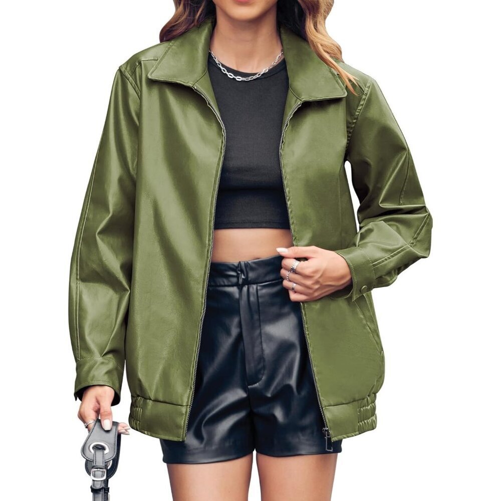 Womens Military Green Faux Leather Casual Zip Up Trendy Bomber Motorcycle Jacket